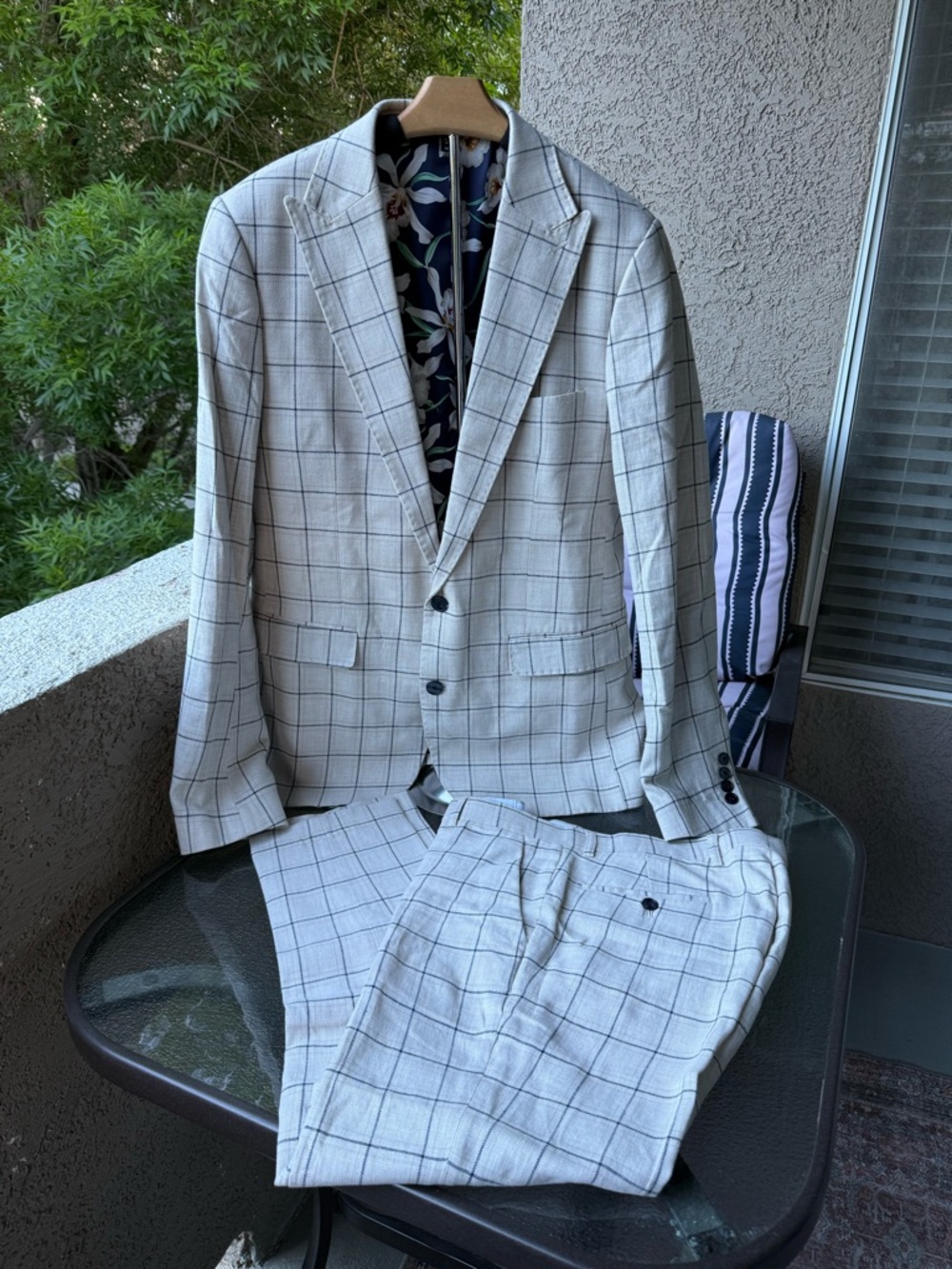 Men's Windowpane Two-Piece Suit - beige-blue lines size skinny 42